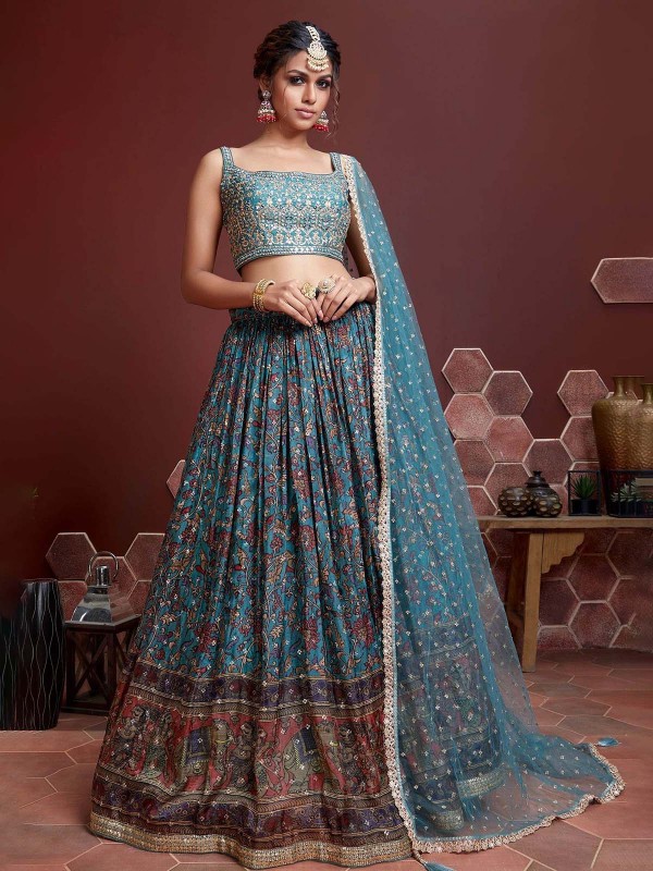 Sky Blue Chinon Silk Lehenga Choli